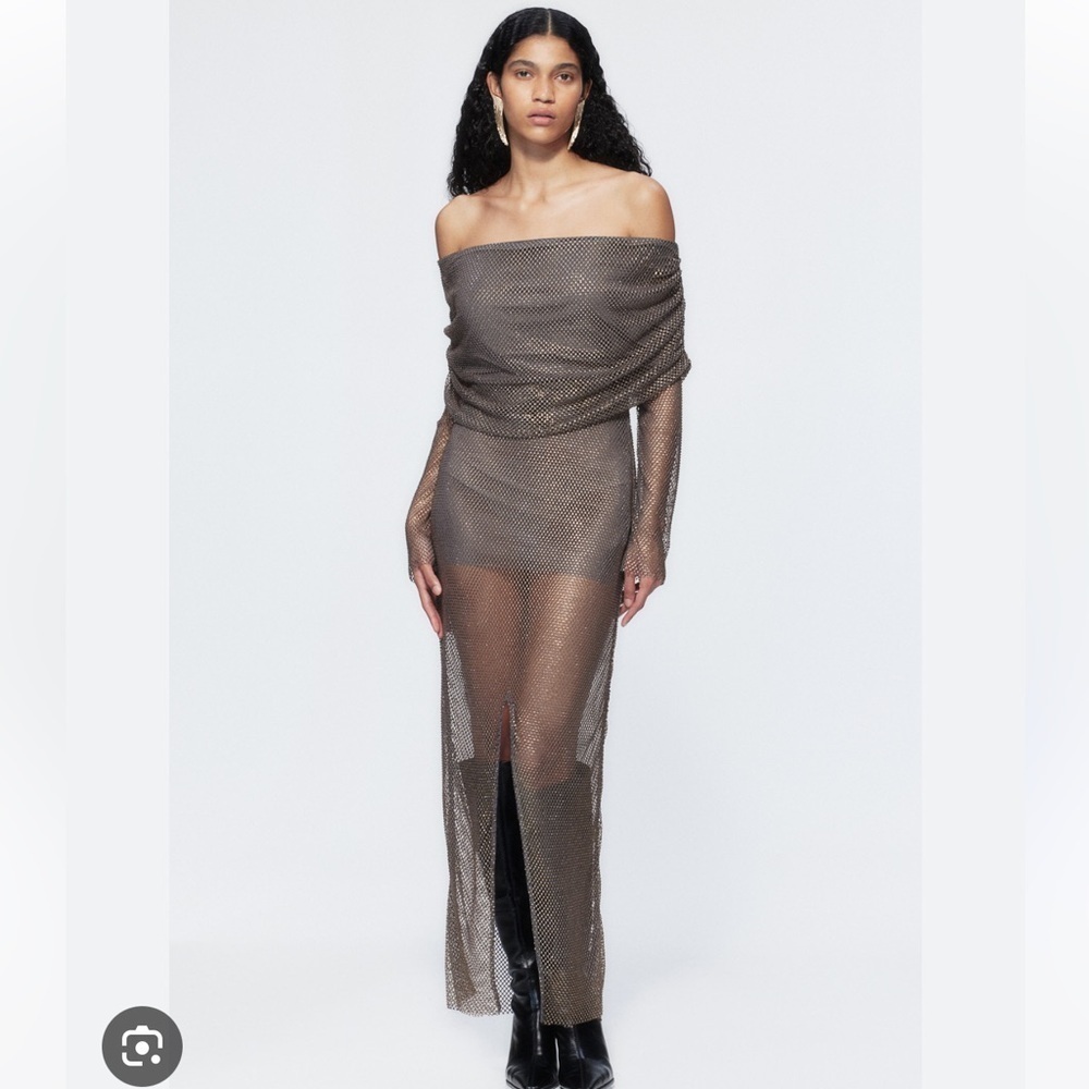 H&M Studio 2023 Rhinestone-Embellished Off-the-Shoulder Dress Charcoal gray/gold